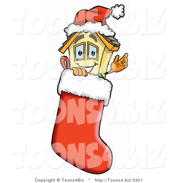 Illustration of a Cartoon House Mascot Wearing a Santa Hat Inside a Red Christmas Stocking