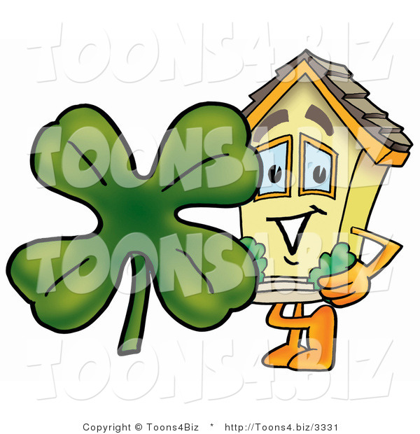 Illustration of a Cartoon House Mascot with a Green Four Leaf Clover on St Paddy's or St Patricks Day