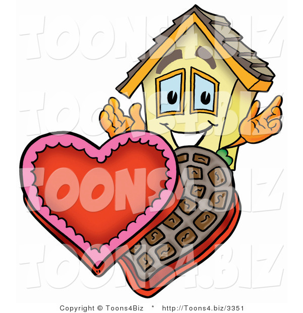 Illustration of a Cartoon House Mascot with an Open Box of Valentines Day Chocolate Candies
