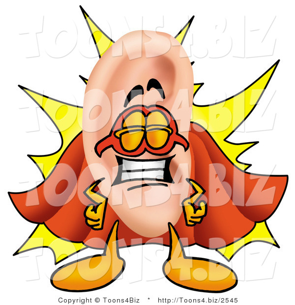 Illustration of a Cartoon Human Ear Mascot Dressed As a Super Hero