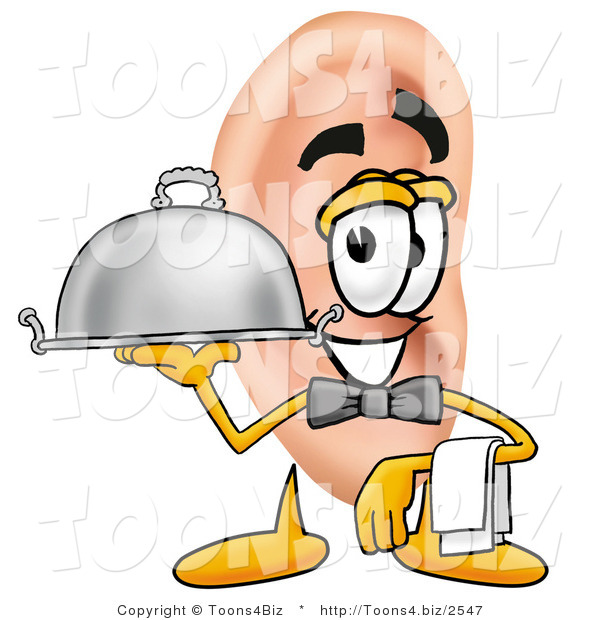 Illustration of a Cartoon Human Ear Mascot Dressed As a Waiter and Holding a Serving Platter