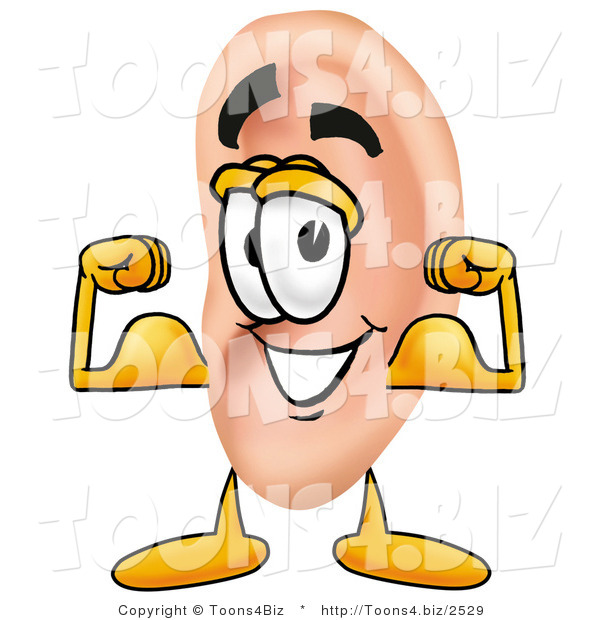 Illustration of a Cartoon Human Ear Mascot Flexing His Arm Muscles