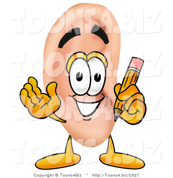Illustration of a Cartoon Human Ear Mascot Holding a Pencil