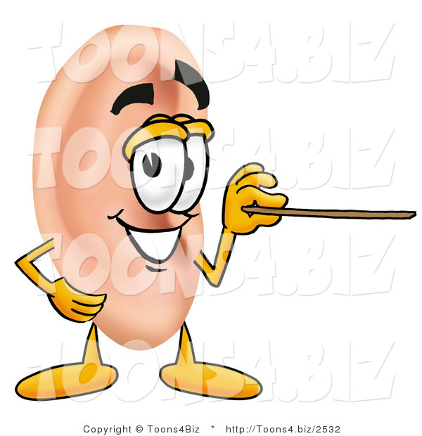 Illustration of a Cartoon Human Ear Mascot Holding a Pointer Stick