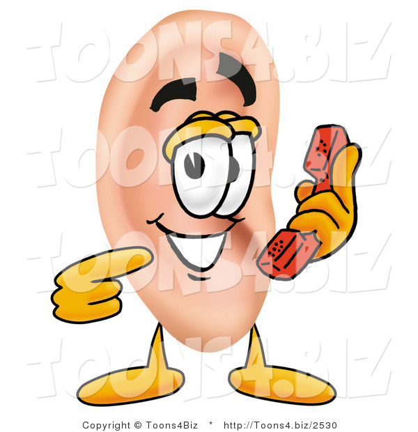 Illustration of a Cartoon Human Ear Mascot Holding a Telephone