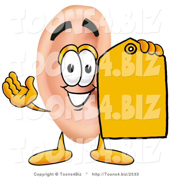 Illustration of a Cartoon Human Ear Mascot Holding a Yellow Sales Price Tag
