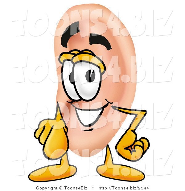 Illustration of a Cartoon Human Ear Mascot Pointing at the Viewer