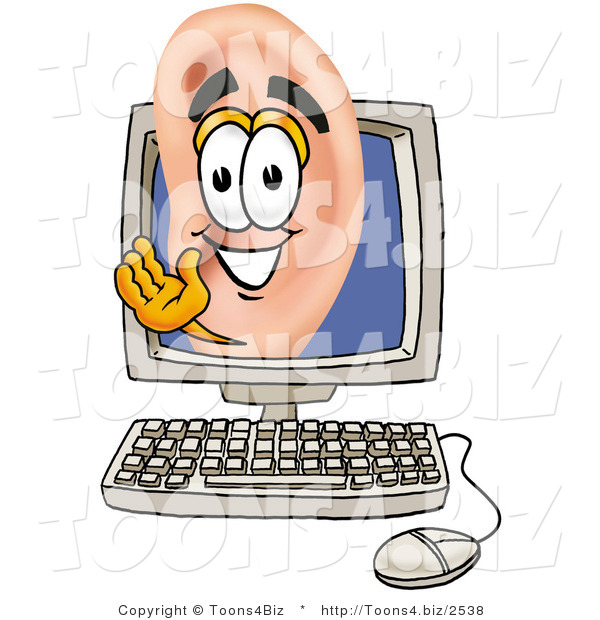 Illustration of a Cartoon Human Ear Mascot Waving from Inside a Computer Screen