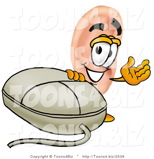 Illustration of a Cartoon Human Ear Mascot with a Computer Mouse