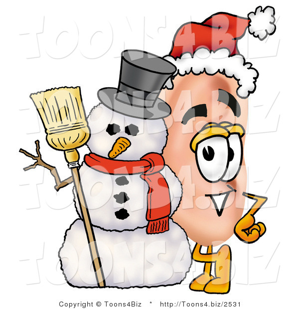 Illustration of a Cartoon Human Ear Mascot with a Snowman on Christmas