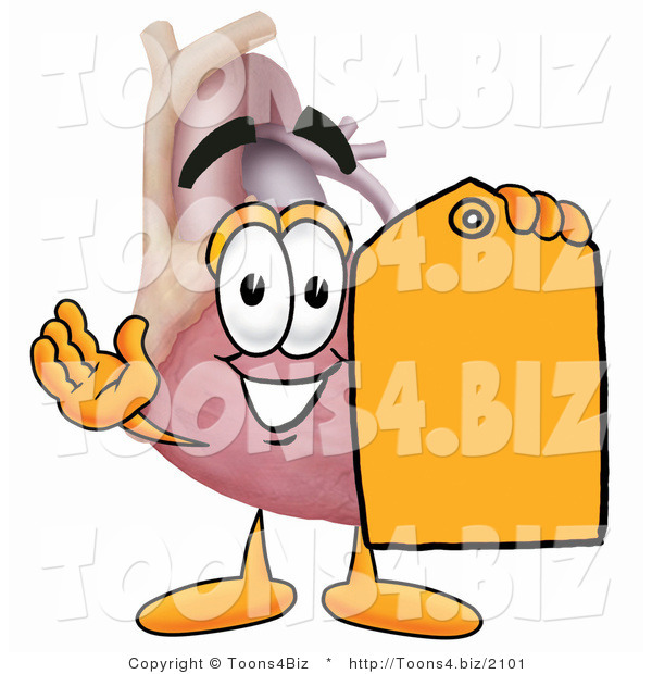 Illustration of a Cartoon Human Heart Mascot Holding a Yellow Sales Price Tag