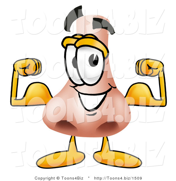 Illustration of a Cartoon Human Nose Mascot Flexing His Arm Muscles
