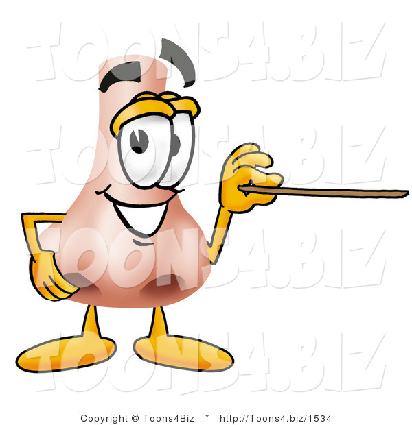 Illustration of a Cartoon Human Nose Mascot Holding a Pointer Stick