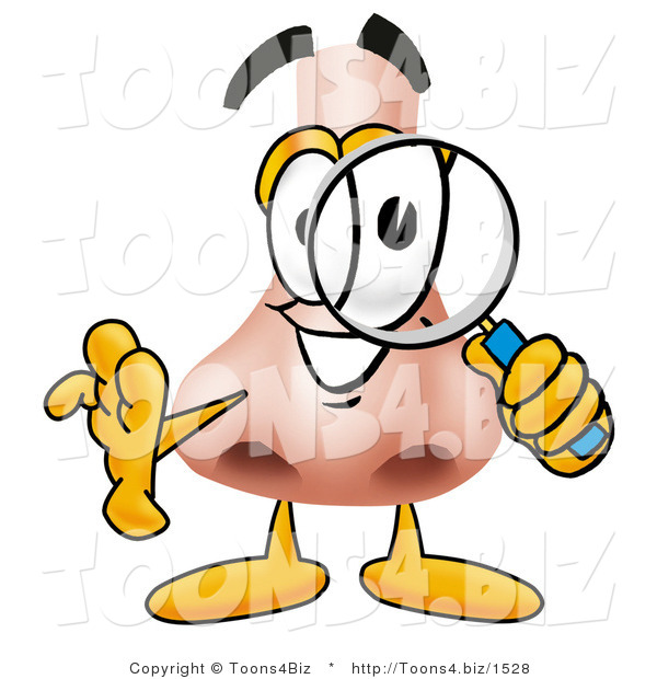 Illustration of a Cartoon Human Nose Mascot Looking Through a Magnifying Glass