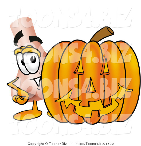 Illustration of a Cartoon Human Nose Mascot with a Carved Halloween Pumpkin