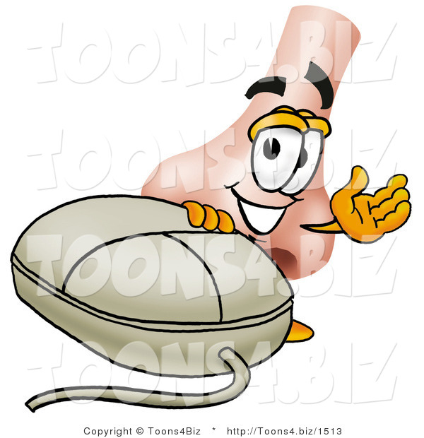 Illustration of a Cartoon Human Nose Mascot with a Computer Mouse