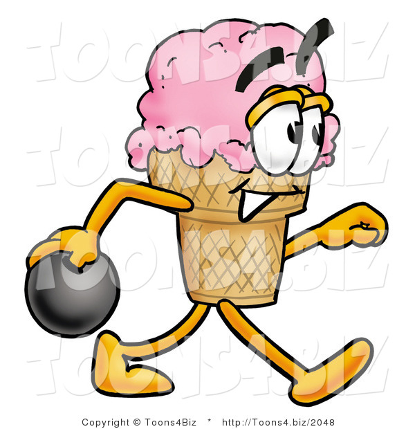Illustration of a Cartoon Ice Cream Cone Mascot Holding a Bowling Ball