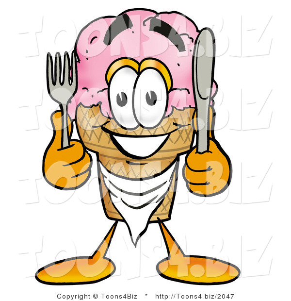 Illustration of a Cartoon Ice Cream Cone Mascot Holding a Knife and Fork