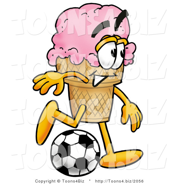 Illustration of a Cartoon Ice Cream Cone Mascot Kicking a Soccer Ball