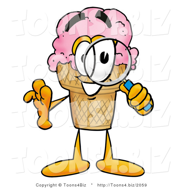 Illustration of a Cartoon Ice Cream Cone Mascot Looking Through a Magnifying Glass