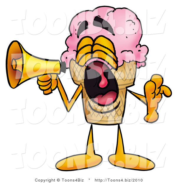 Illustration of a Cartoon Ice Cream Cone Mascot Screaming into a Megaphone