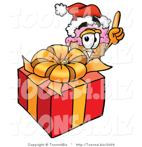 Illustration of a Cartoon Ice Cream Cone Mascot Standing by a Christmas Present