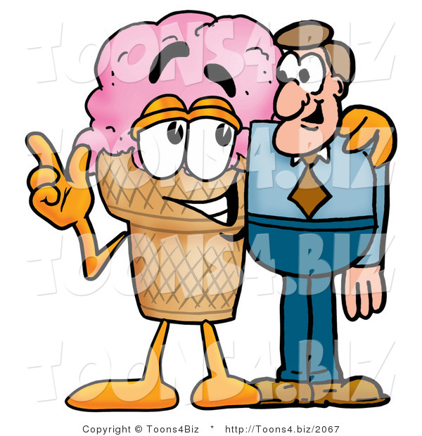 Illustration of a Cartoon Ice Cream Cone Mascot Talking to a Business Man