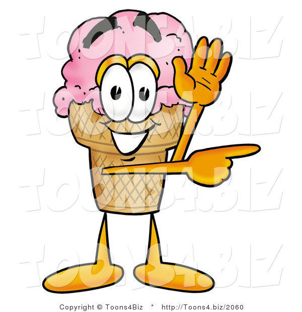 Illustration of a Cartoon Ice Cream Cone Mascot Waving and Pointing
