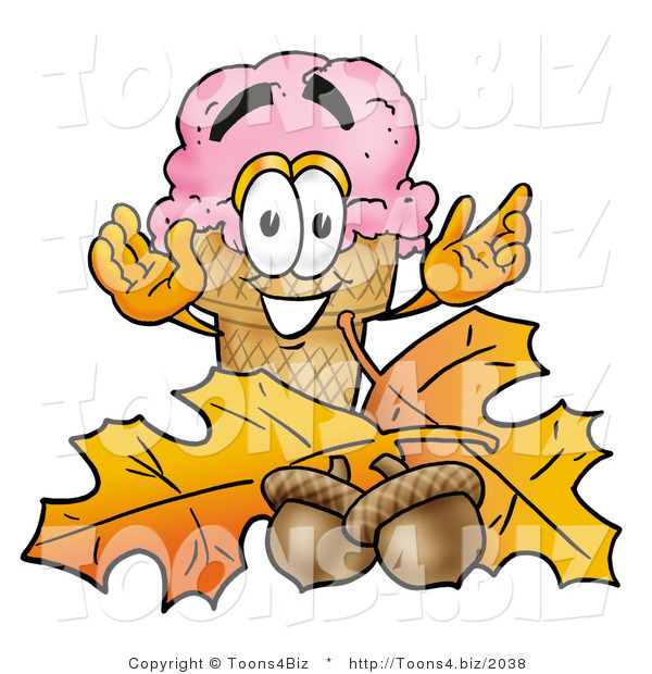 Illustration of a Cartoon Ice Cream Cone Mascot with Autumn Leaves and Acorns in the Fall