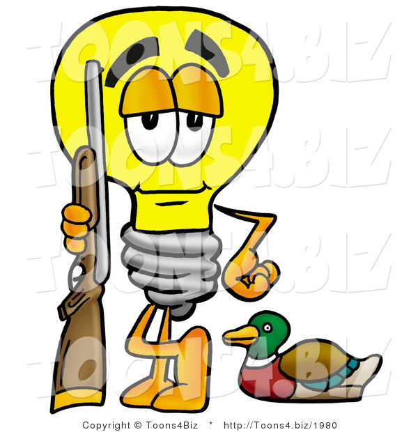 Illustration of a Cartoon Light Bulb Mascot Duck Hunting, Standing with a Rifle and Duck