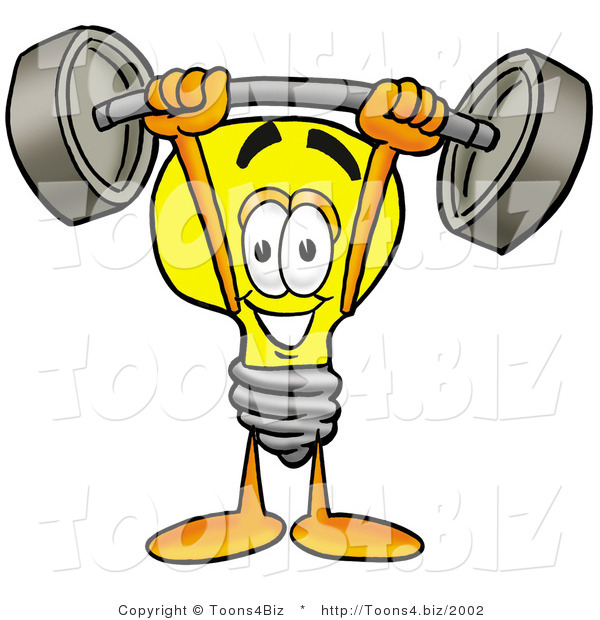 Illustration of a Cartoon Light Bulb Mascot Holding a Heavy Barbell Above His Head
