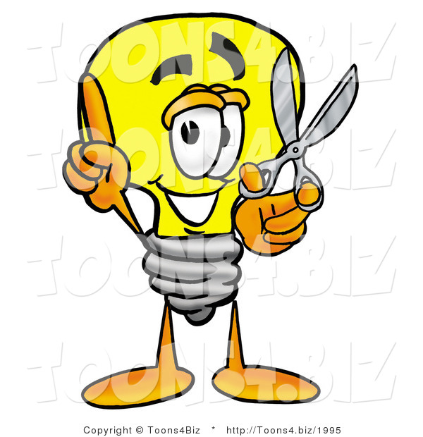 Illustration of a Cartoon Light Bulb Mascot Holding a Pair of Scissors