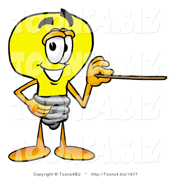 Illustration of a Cartoon Light Bulb Mascot Holding a Pointer Stick