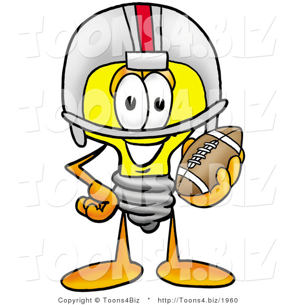Illustration of a Cartoon Light Bulb Mascot in a Helmet, Holding a Football