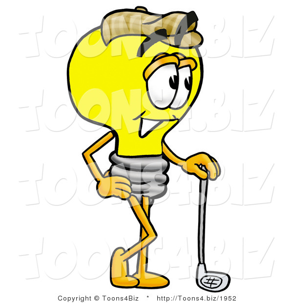 Illustration of a Cartoon Light Bulb Mascot Leaning on a Golf Club While Golfing