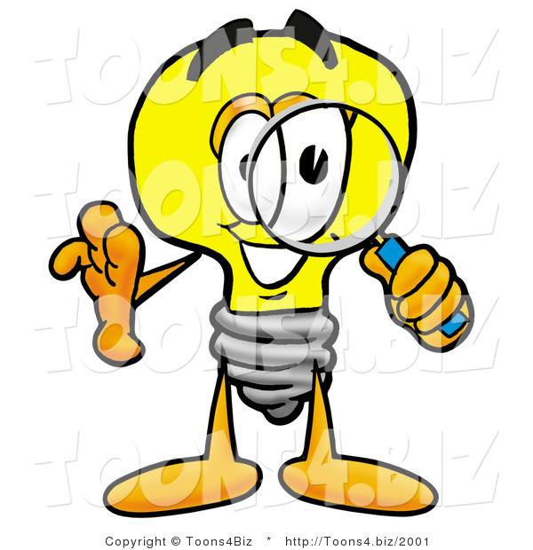 Illustration of a Cartoon Light Bulb Mascot Looking Through a Magnifying Glass