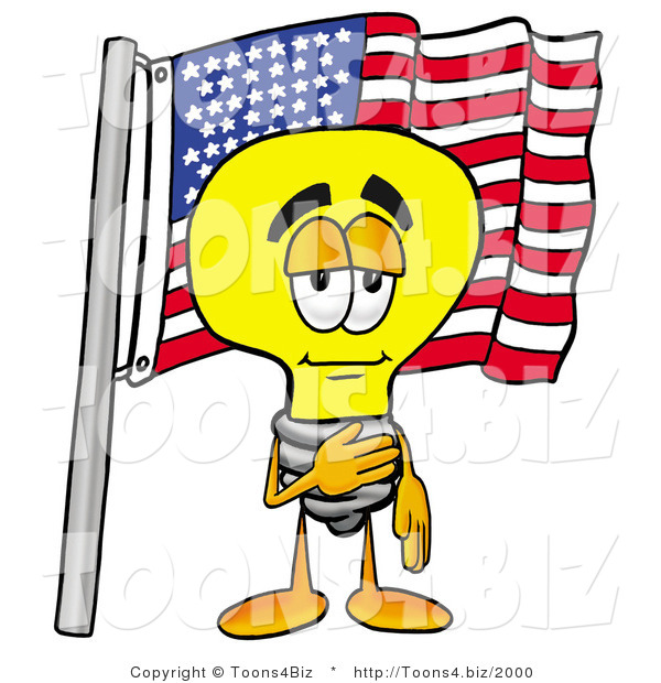 Illustration of a Cartoon Light Bulb Mascot Pledging Allegiance to an American Flag