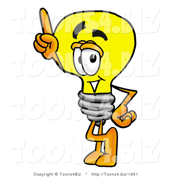 Illustration of a Cartoon Light Bulb Mascot Pointing Upwards