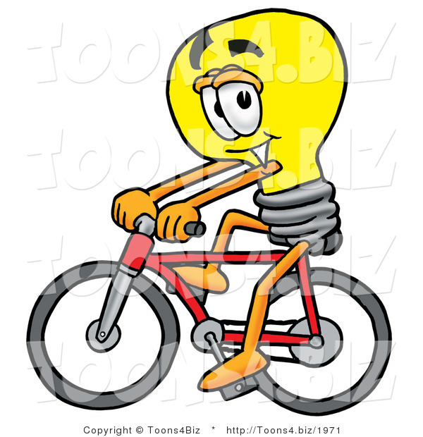 Illustration of a Cartoon Light Bulb Mascot Riding a Bicycle