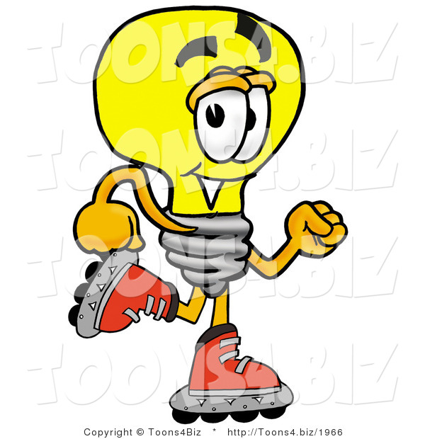 Illustration of a Cartoon Light Bulb Mascot Roller Blading on Inline Skates