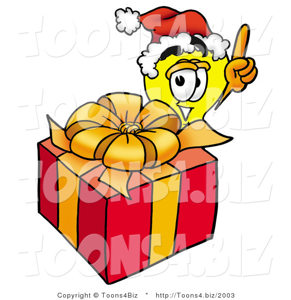 Illustration of a Cartoon Light Bulb Mascot Standing by a Christmas Present