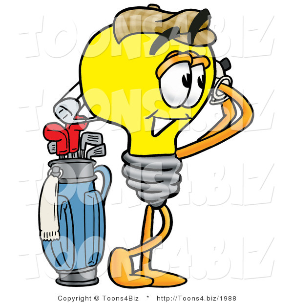 Illustration of a Cartoon Light Bulb Mascot Swinging His Golf Club While Golfing
