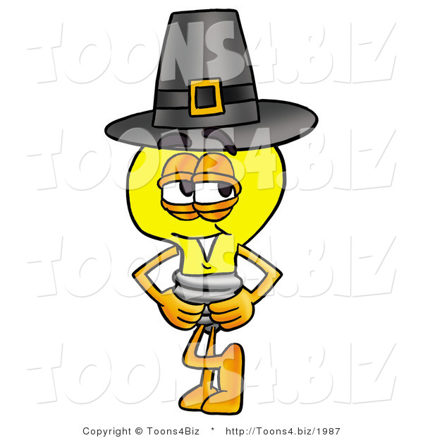 Illustration of a Cartoon Light Bulb Mascot Wearing a Pilgrim Hat on Thanksgiving