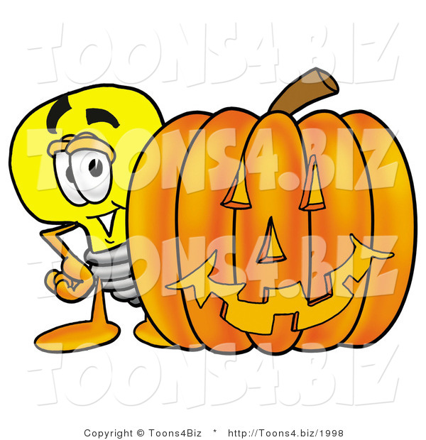 Illustration of a Cartoon Light Bulb Mascot with a Carved Halloween Pumpkin