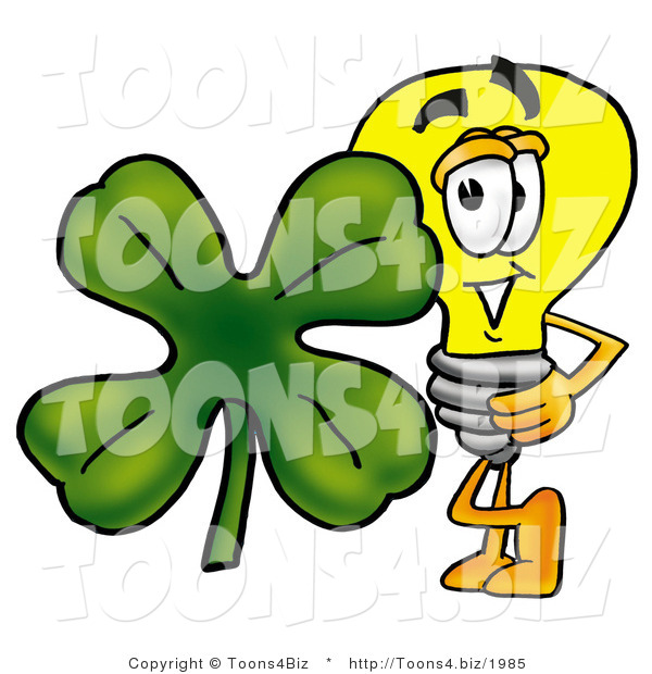 Illustration of a Cartoon Light Bulb Mascot with a Green Four Leaf Clover on St Paddy's or St Patricks Day