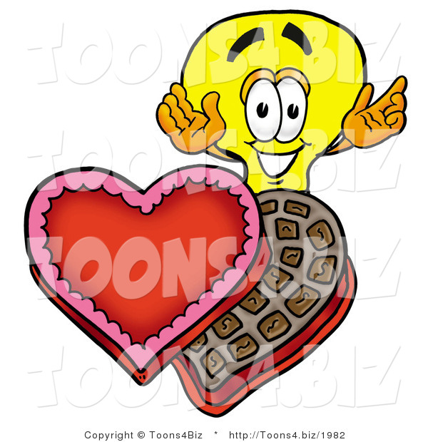 Illustration of a Cartoon Light Bulb Mascot with an Open Box of Valentines Day Chocolate Candies