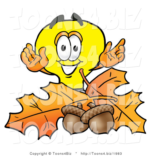 Illustration of a Cartoon Light Bulb Mascot with Autumn Leaves and Acorns in the Fall