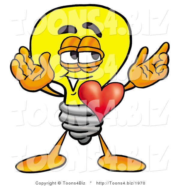 Illustration of a Cartoon Light Bulb Mascot with His Heart Beating out of His Chest