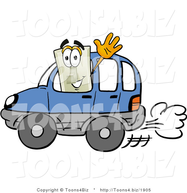 Illustration of a Cartoon Light Switch Mascot Driving a Blue Car and Waving