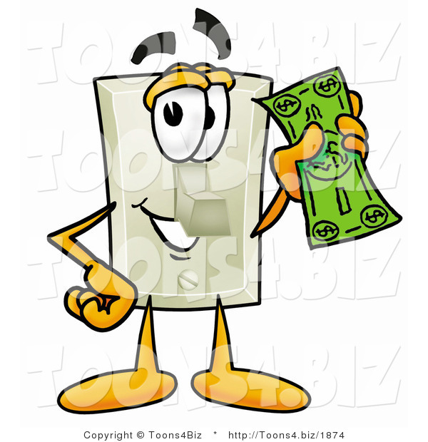 Illustration of a Cartoon Light Switch Mascot Holding a Dollar Bill
